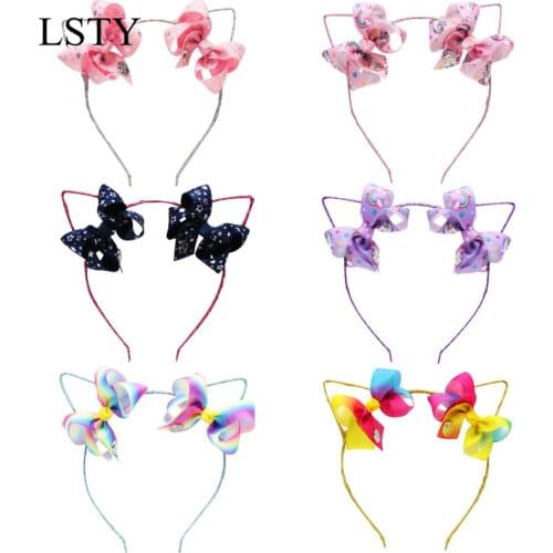 6 Pcs/Lot Unicorn Print Bow Knot Hair Band Cute Cat Ribbon Hair Bow Glitter Stain Hair Hoop Boutique Hair Accessories