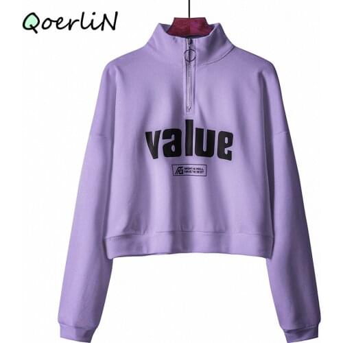 Autumn Womans Zipper Pullover Oversize Female Loose Cotton Turtleneck Letter Sweatshirt Plus Size Short Sweatshirts Harajuku