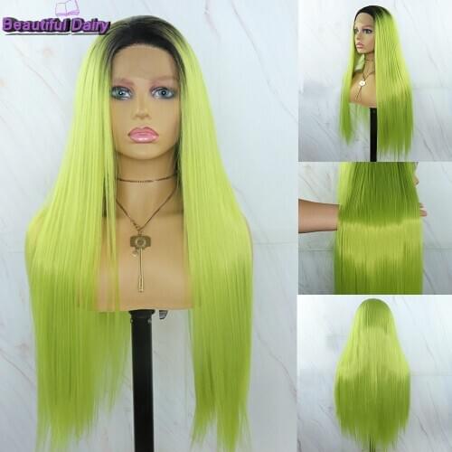 Beautiful Diary Long Silky Straight Ombre Lace Front Wigs For Women 13x4inch Heat Resistant Synthetic Lace Front Wigs Green WIG