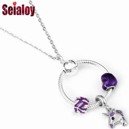 Seialoy New Purple Heart Beaded Unicorn Dangle Pendant Necklace Leaf Charm Necklace For Women Original Girls Collar Jewelry Gift