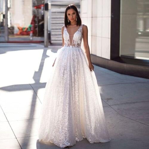 Shiny V-neck Sleeveless Wedding Dresses Sexy Backless Court Train Bridal Gowns Custom Made vestido de noiva