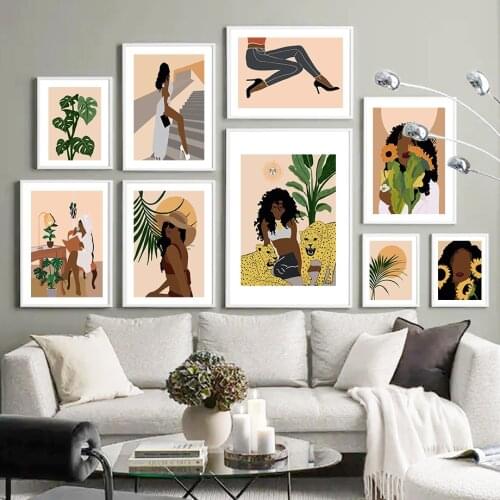 Vintage Leopard Girl Monstera Palm Sunflower Wall Art Canvas Painting Nordic Posters And Prints Decor Pictures For Living Room