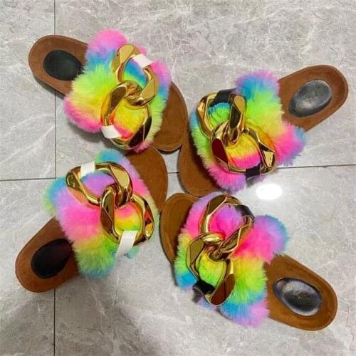 Womens Slippers New Winter Outside Wear Ladies Fur Slides Rainbow Metal Buckle Furry Shoes Woman Big Size Fashion Flip Flops