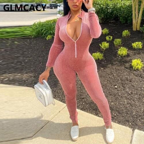 Women Corduroy Long Sleeve Zipper Front Jumpsuit Slim Casual Overalls