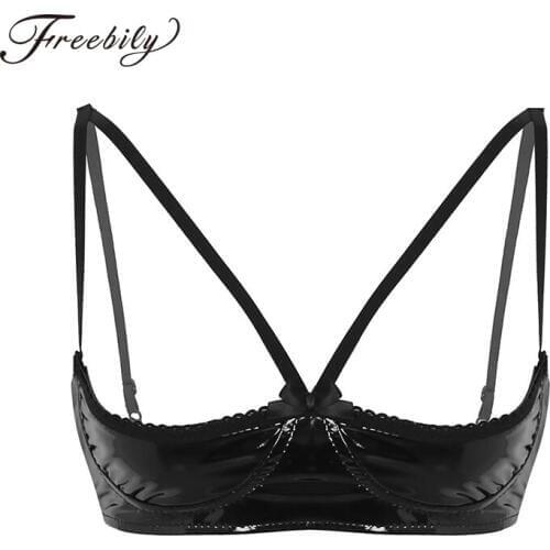 Womens Sexy Lingerie Bras for Nightclub Black Soft Sheer Adjustable Spaghetti Straps Bra Faux Leather Wire-free Unlined Bra tops