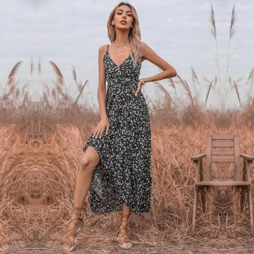 Womens Dress Summer Chiffon Suspender Long Skirt for Woman V-Neck Irregular Backless Elastic Waist Black Floral Dress Female