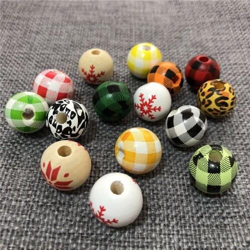 16mm DIY Wood Beads Round Balls Kids Christmas Snowflake Black White Colorful Checkered Decoration Wooden Beads Jewelry 10Pcs