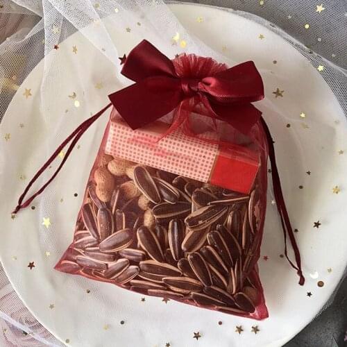 10Pcs Organza Chocolate Candy Bag Cute Bow Drawable Bags for Wedding Christmas Party Decoration Jewelry Gift Packaging Pouches