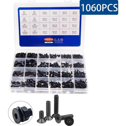 1060PCS/Box M2 M3 M4 M5 Flat Head Hexagon Hex Socket Head Grade 10.9 Carbon Steel Allen Bolt Screw With Nuts Assortment Kit