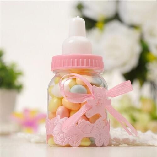 12pcs/set Plastic Transparent Feeder Bottle Candy Box Cute Blue/pink Wedding Birthday Baby Shower Cake Topper Party Supplies