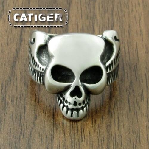 Free Shipping Punk US Size 8-14# Silver color Black Mens 316L Stainless Steel Devils and Angels Wing Skull Ring