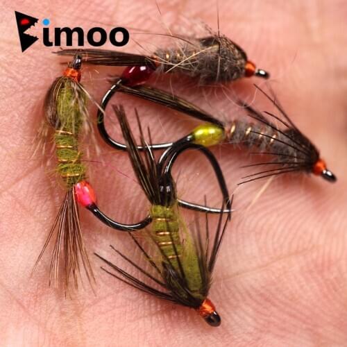 Bimoo 6PCS/Lot #12 Hares ear Nymph Fly Rainbow Brown Brook Trout Greyling Caddis Nymph Lures Barbless Hook Fishing Wet Flies