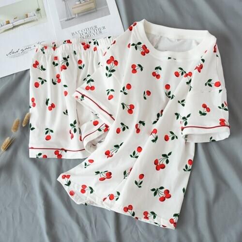 Fdfklak Two Piece Set Summer Ladies Cotton Short Sleeve Shorts Pajamas Suit Cute Fruit Print Thin Section Home Service Suit
