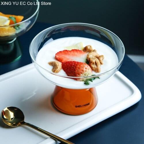 Nordic Creative 300ml Glass Bowl Tall Dessert Cup Red Base Glass Craft Ice Cream Cup Household Snack Bowl Tableware Supplies