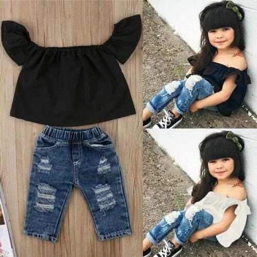Summer Toddler Baby Girl Clothes Set Solid Off shoulder 2pcs Tops Vest+Hole Jeans Outfits Casual Clothes 0-4Y Girls Baby Fashion