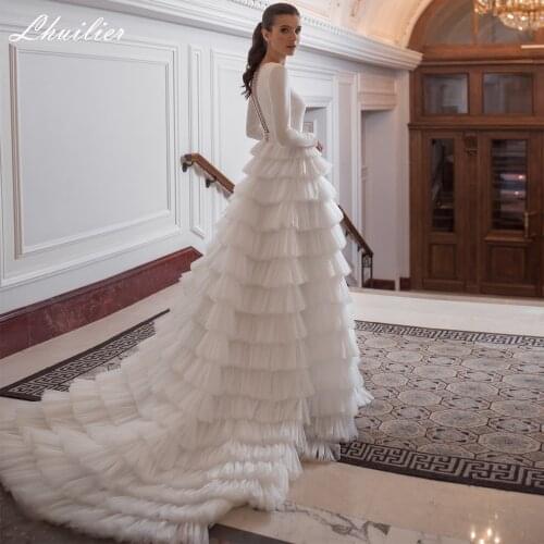 Lhuilier Womens Sexy V Neck Wedding Dresses 2021 Full Sleeves Floor Length Tiered Tulle Chapel Train Bridal Gowns