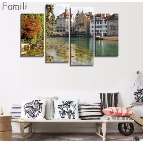 Hot Sale Modern Mountain And River Landscape Canvas Painting 4 Pieces Wall Art Spectacular Sunshine Wall Picture For Living Room
