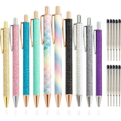 10Pcs Metal Ballpoint Pens 1.0 mm Retractable Ballpoint Pens Glitter Metal Pens with 10Pcs Refills for School Supplies