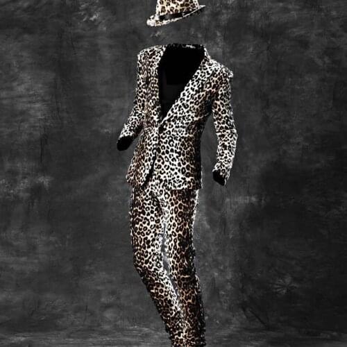 Fashion Mens Slim Fit One Button Blazers For Man Top Quality Brand Nightclub Leopard Jacket Suits Pants Show Coats