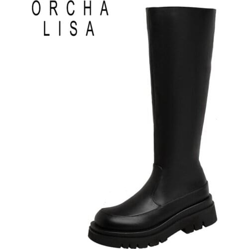 ORCHALISA Women Mortorcycle Ridding Knee High Chunky Boots Zip Round Toe Thick Bottom Platform Winter Warm Ladies Footwear S2491