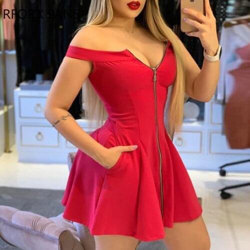 Solid Plain Zipper Pocket Design Flared Dress Bodycon Dress Mini Dress for Women