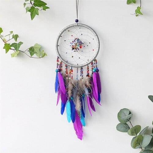 Handmade Pendant Wall Decoration Creative Colorful Beaded Dream Catcher Blue Purple Feathers Wind Chimes For Girlfriend Gifts