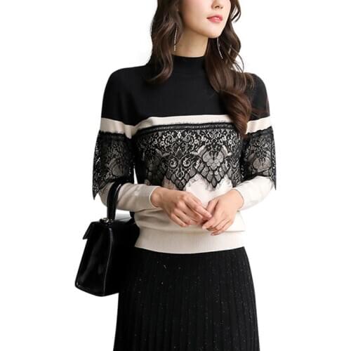 JYSWM Sweater For Women Loose Autumn Winter New Black White Contrast Lace Floral Stitching O-neck Long Sleeve Pullover Women
