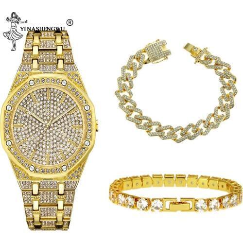 Luxury Gold Color Watch & Bracelet Combo Set Jewelry Hip Hop Mens Bisuteria Miami Iced Out Cuban Chain Metal For Men Rapper