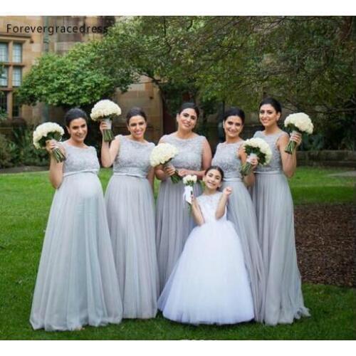 Grey New Long Pregnant Bridesmaid Dress Lace Bodice Summer Country Garden Wedding Party Guest Maid of Honor Gown Plus Size