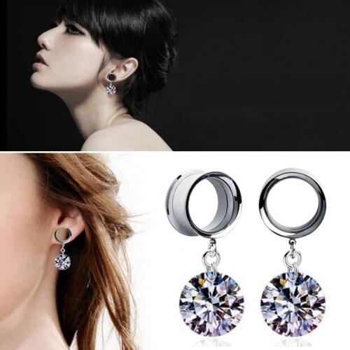 2 Pcs Shining Zircone Crystal Pendant Stainless Steel Ear Tunnel Ear Plugs and Gauges Flesh Body Piercing Ear Expander 4-16mm