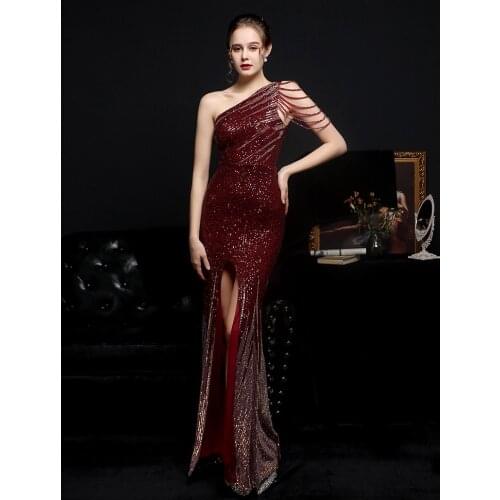 YIDINGZS Women Beads Party Dress Elegant One Shoulder Slit Sequin Prom Dress 2021