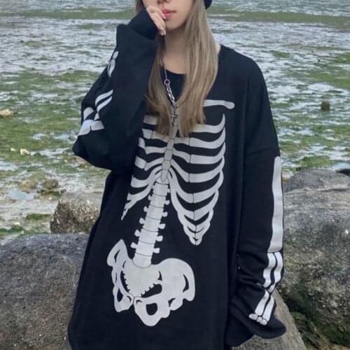Autumn New Skull Print Black Oversized T-shirt Y2K Harajuku Graphic Hip Hop Long Sleeve Tees Women Punk Style Gothic Clothes