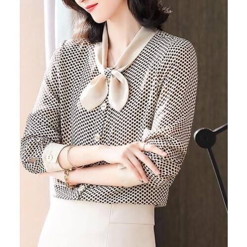 Womens Spring Autumn Style Chiffon Shirt Womens Bow Polka Dot Long Sleeve Button Korean Elegant Tops DD8606