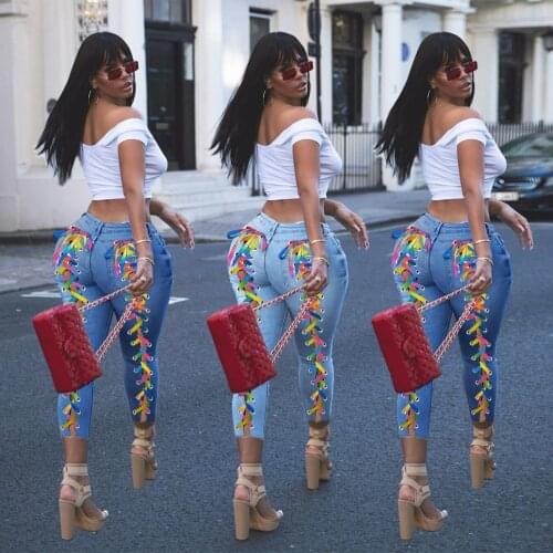 New Arrivals Women Chic Streetwear Ripped Jeans 2021 Summer High Waist Multicolor Lace-up Hollow Out Ankle-Length Denim Pants