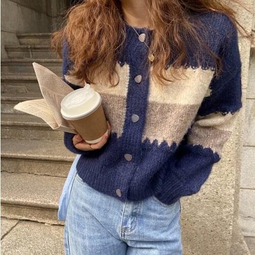 2021 Women Sweater Cardigans Autumn Winter 3 colors Patchwork Warm Single Buttons Cardigans Knitted Coat Casual Sweater Jackets