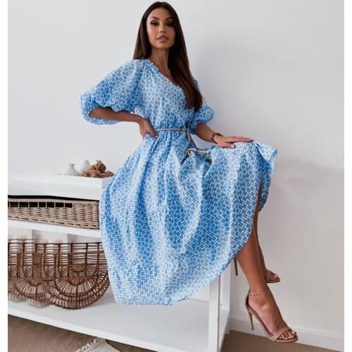Fashion Lantern Sleeve Plus Size Women Dresses V-neck Short Sleeve Lace-up Beach Sundress Casual A-line Ankle-Length Dresses