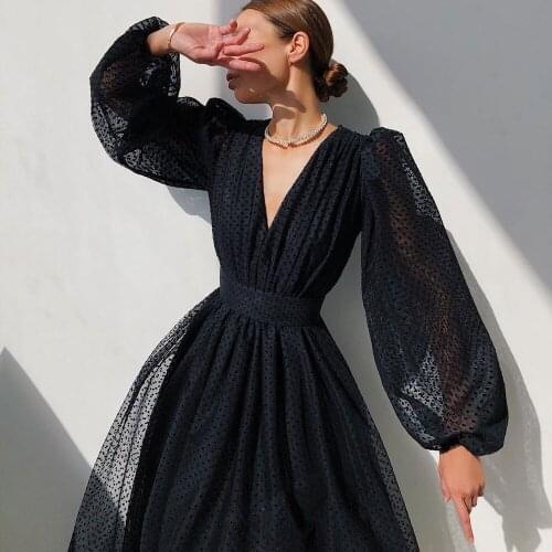 Womens Sexy Lantern Long Sleeve Dress Vintage Casual Tight Spot Printing Deep V-neck High Waist Midi Party Dress