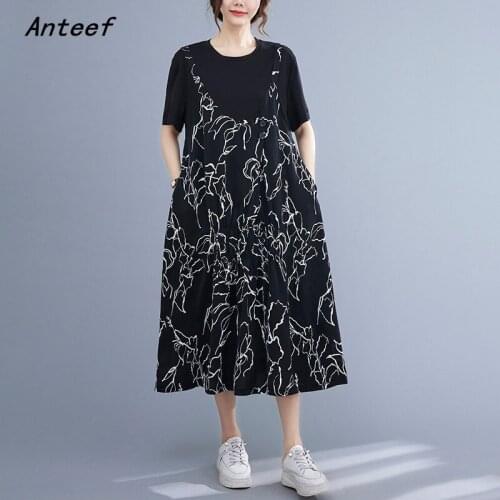 Short sleeve black cotton vintage floral dresses for women casual loose long woman summer dress elegant clothes 2021