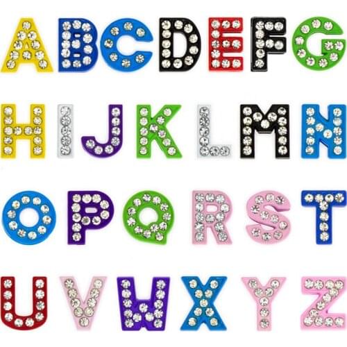10 piece Internal Dia Rhinestone Blue 8mm slide Charm Colorful English letters DIY Accessories fit 8mm wide belt pet collar