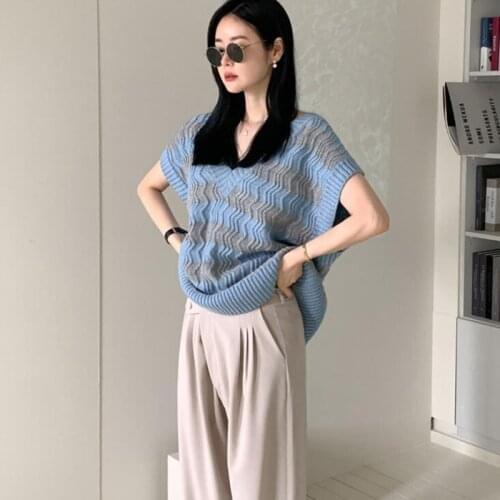 2021 Spring Casual Basic Sleeveless Sweater Jacket Coat V Neck Striped Knitted Vest Plus Size Pullover Waistcoat