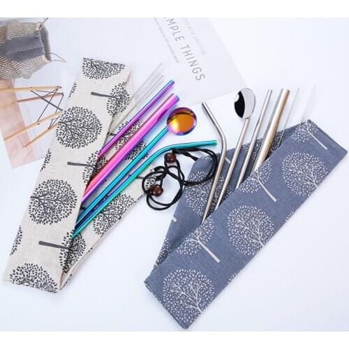 7pcs/lot 304 Stainless Steel Straw Set Reusable Straws Spoon+ Cleaning Brush+ Straw Bag Metal Drink Straws bar Party Accessory