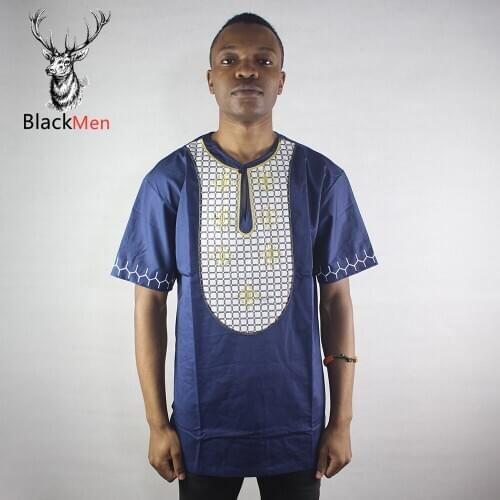 African Navy Blue Brave Plaid Embroidered Mens Ethnic Tops Short Sleeve Henley Shirts for Summer Wearing dashiki men