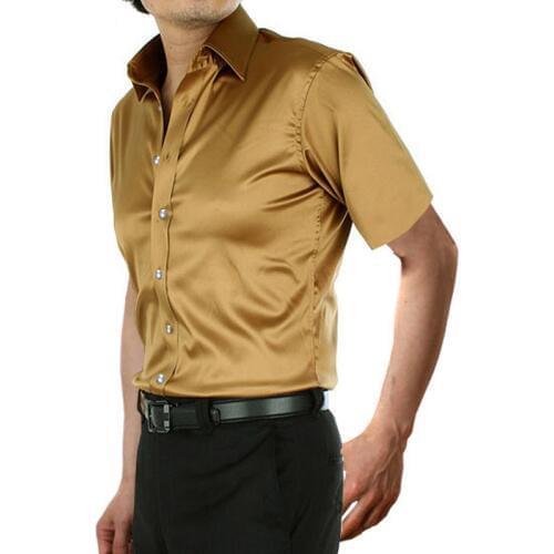 Shiny Gold Silk Satin Shirt for Men Chemise Homme 2019 Slim Fit Short Sleeve Men Tuxedo Shirt Club Party Disco Male Social Shirt