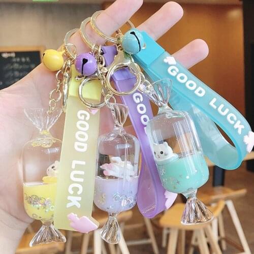 Fashion Candy Floating Oil Acrylic Keychain Cute Cat Doll Keyring Women Men Bag Car Pendant Ornament Key Chain