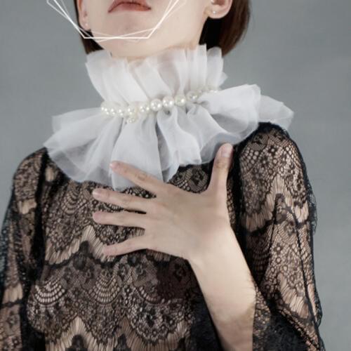 Elegant Crochet Flower Cutout velvet palace romance beige mesh Big pearl decoration organza white dream queen detachable Collar