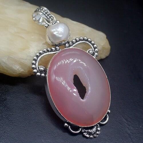 Gemstonefactory Jewelry Big Promotion 925 Silver Natural Hole Druzy Biwa Pearl Charm Women Ladies Gifts Necklace Pendant 0283