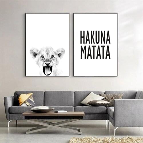 Hakuna Matata Quote Scandinavian Art Canvas Painting Baby Lion Print Wildlife Animal Black White Poster for Kids Room Home Decor