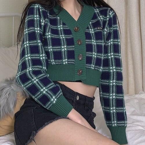 IAMSURE Preppy Style Green Plaid Cardigans Women Vintage Long Sleeve V-Neck Breasted Sweater Autumn Winter Casual Streetwear 90S