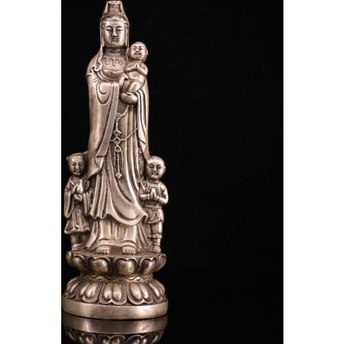 10"Chinese temple collection Old Bronze Gilt silver Give off Guanyin Bodhisattva Standing Buddha Office Ornaments Town House