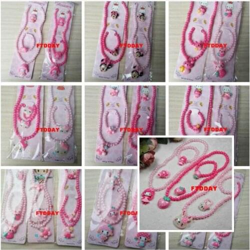 10 Sets Cartoon Lovely Baby Girls Imitation Pearls Pendant Necklace Bracelet Set Children Kids Jewelry sets Xmas Gifts +Package